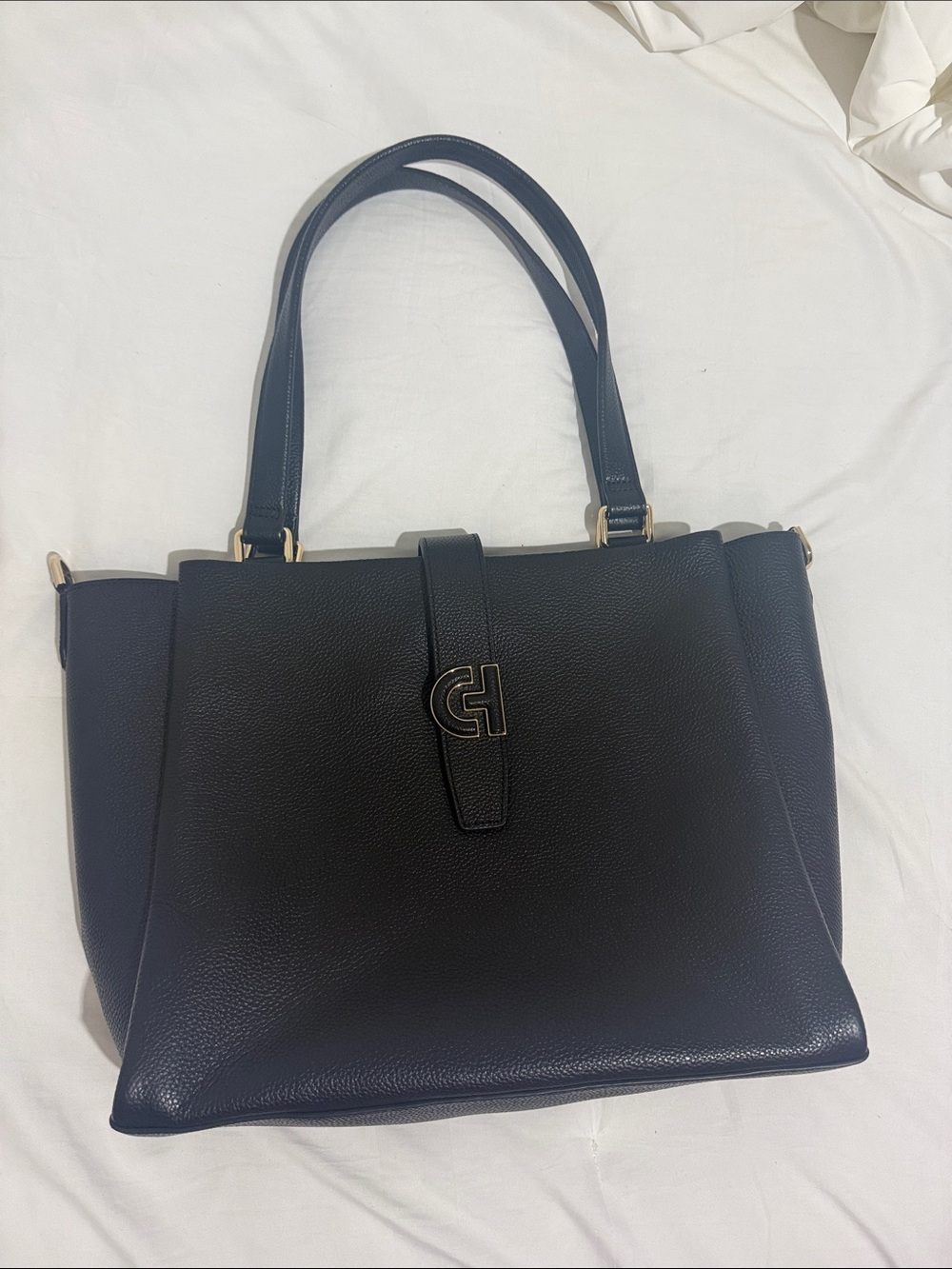 COLE HAAN Black Leather Tote Bag with Signature Clasp